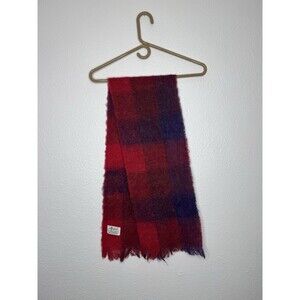Vintage Nasharr Japan Red Blue Wool Acrylic Blend Fringed Muffler Scarf 54”X9.5”